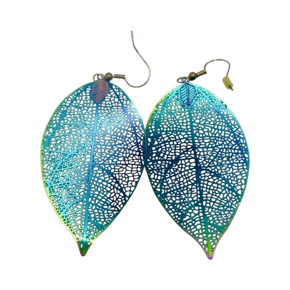 Iridescent Leaf Skeleton Dangle Earrings With Fishhook Closure -Lightweight Boho - Picture 5 of 7